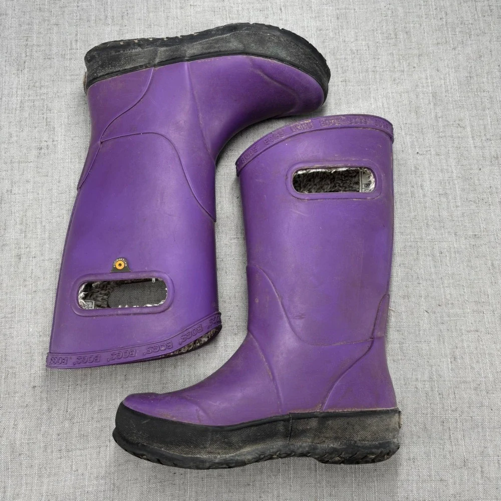 Bogs Kids Rain Boots Plush Purple Rubber Waterproof Insulated Winter Size 12